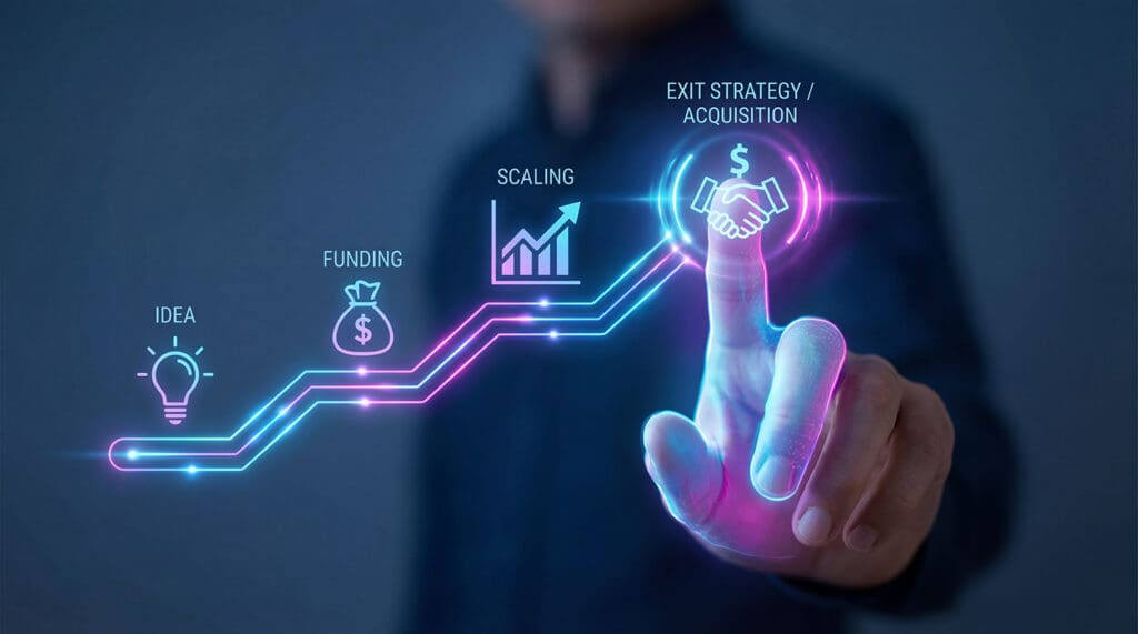 Businessman navigating startup growth stages with exit strategy.