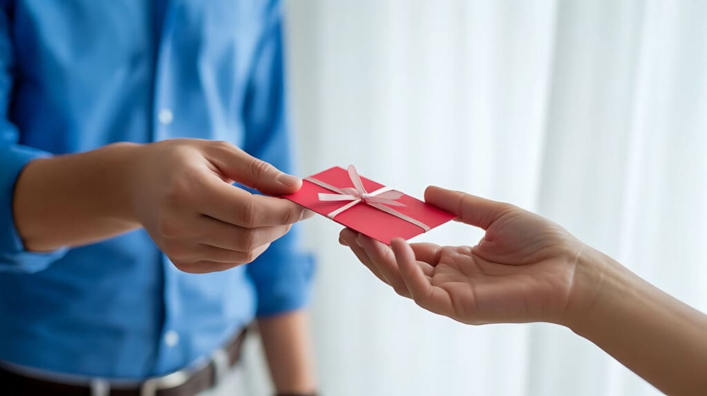 Man handing an red enveloped gift to another person.