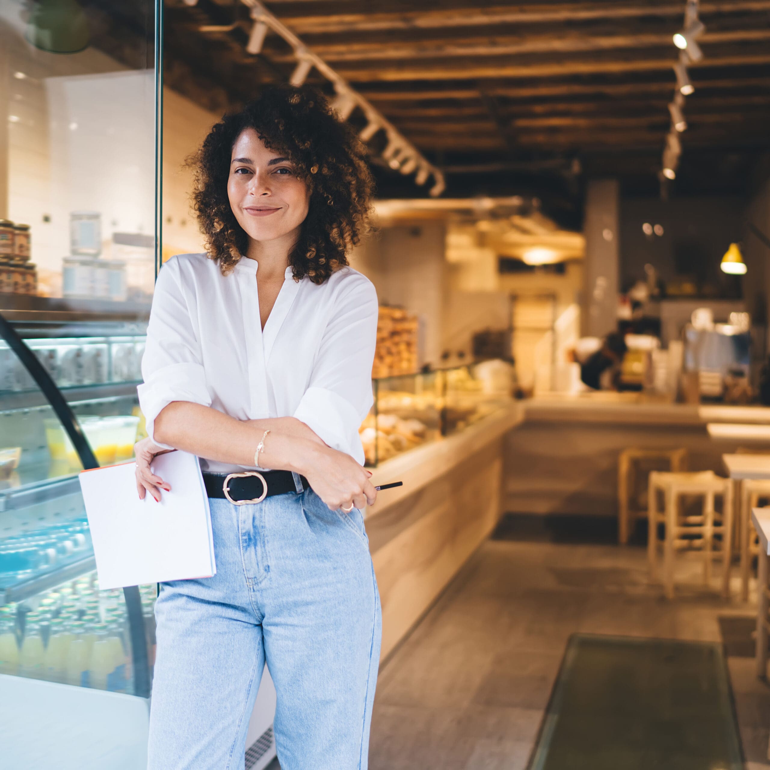 manager of local bakery smiling